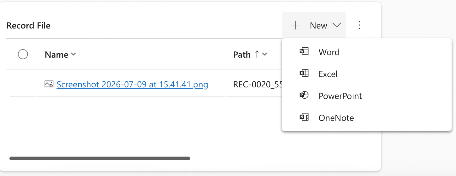 The Record File New menu listing Word, Excel, PowerPoint, and OneNote document types.