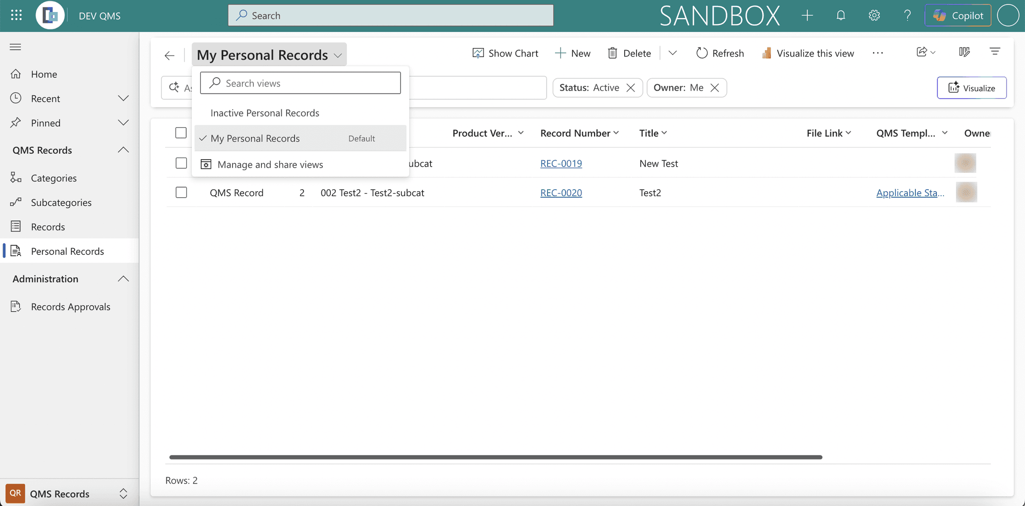 The personal records view selector