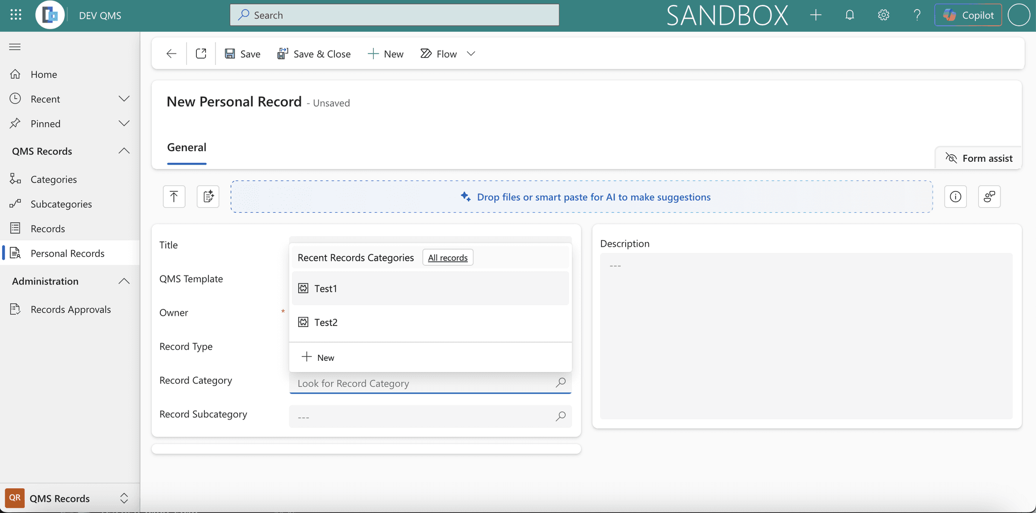 The Record Category lookup on a personal record, showing available categories.