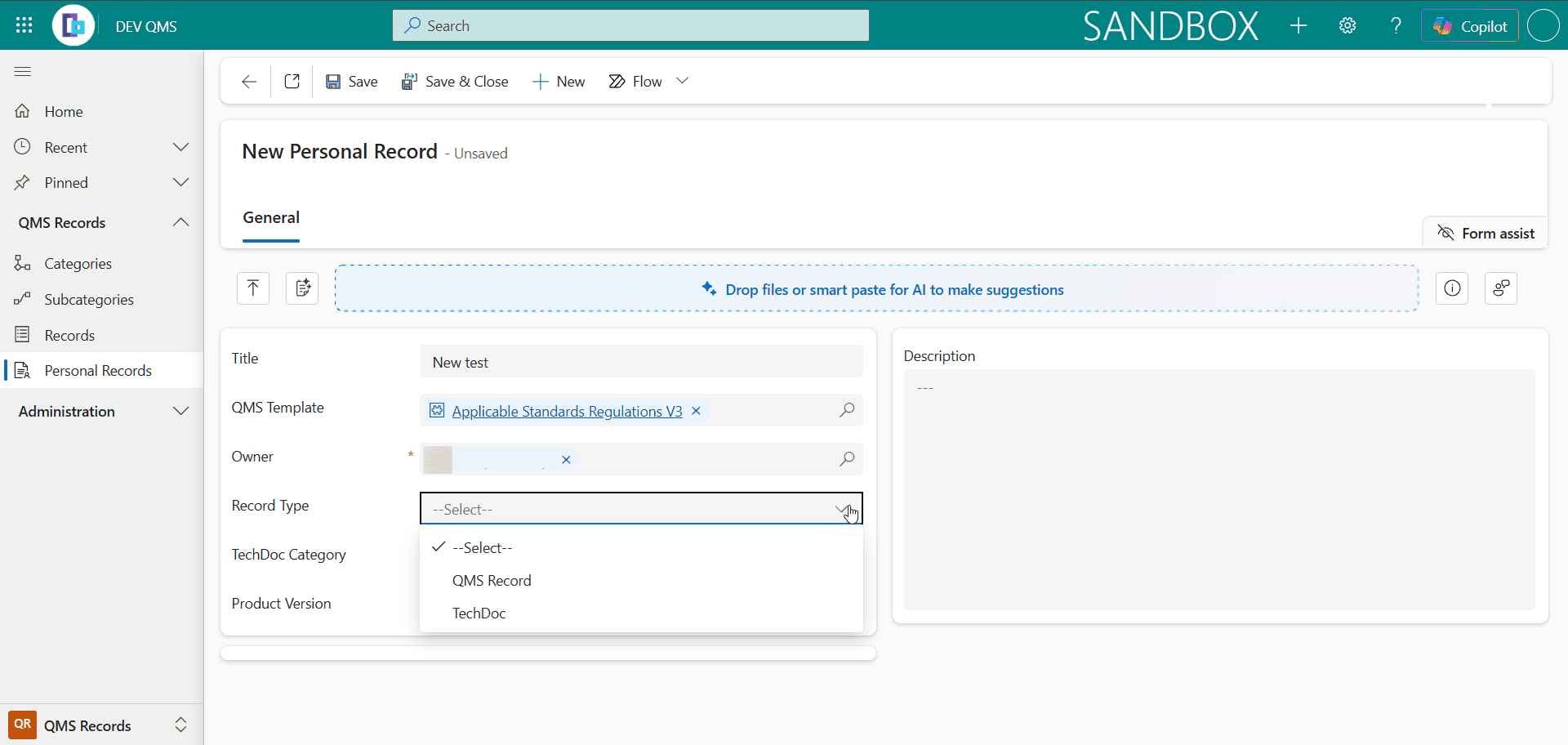 A New Personal Record form showing the Record Type options QMS Record and TechDoc.