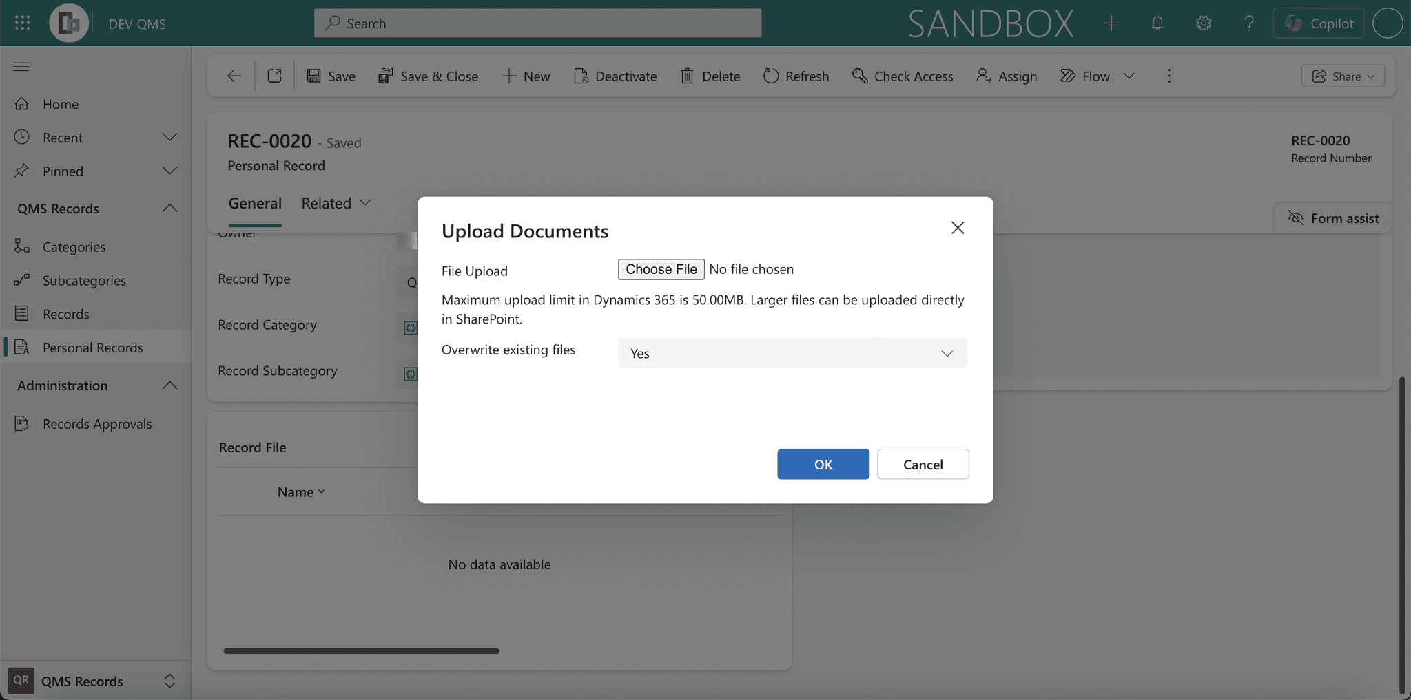 The Upload Documents dialog with the Choose File control and the Overwrite existing files option.