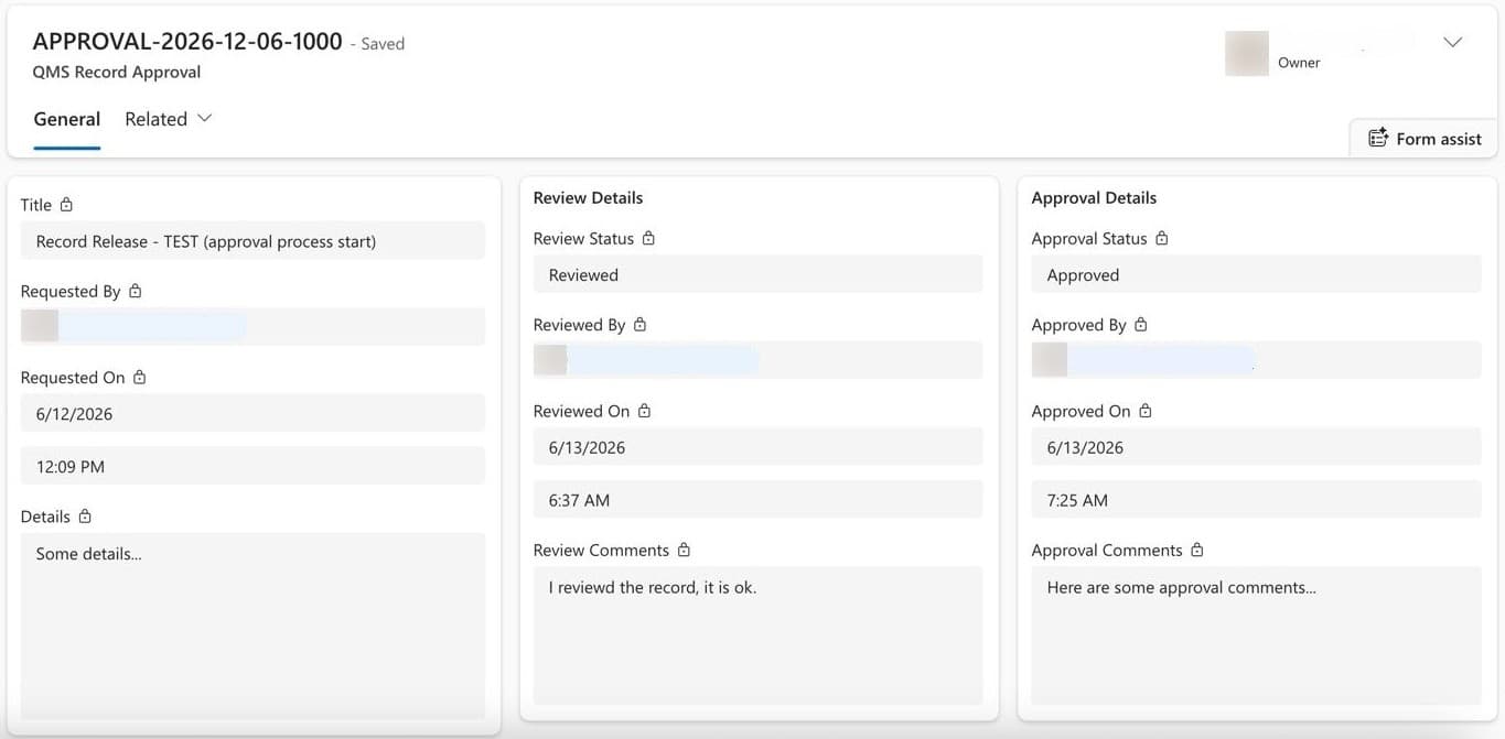 An opened approval showing Review Details and Approval Details side by side