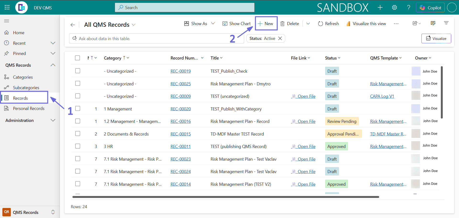 The Records page under QMS Records with the New action available for creating a QMS Record from a released template.