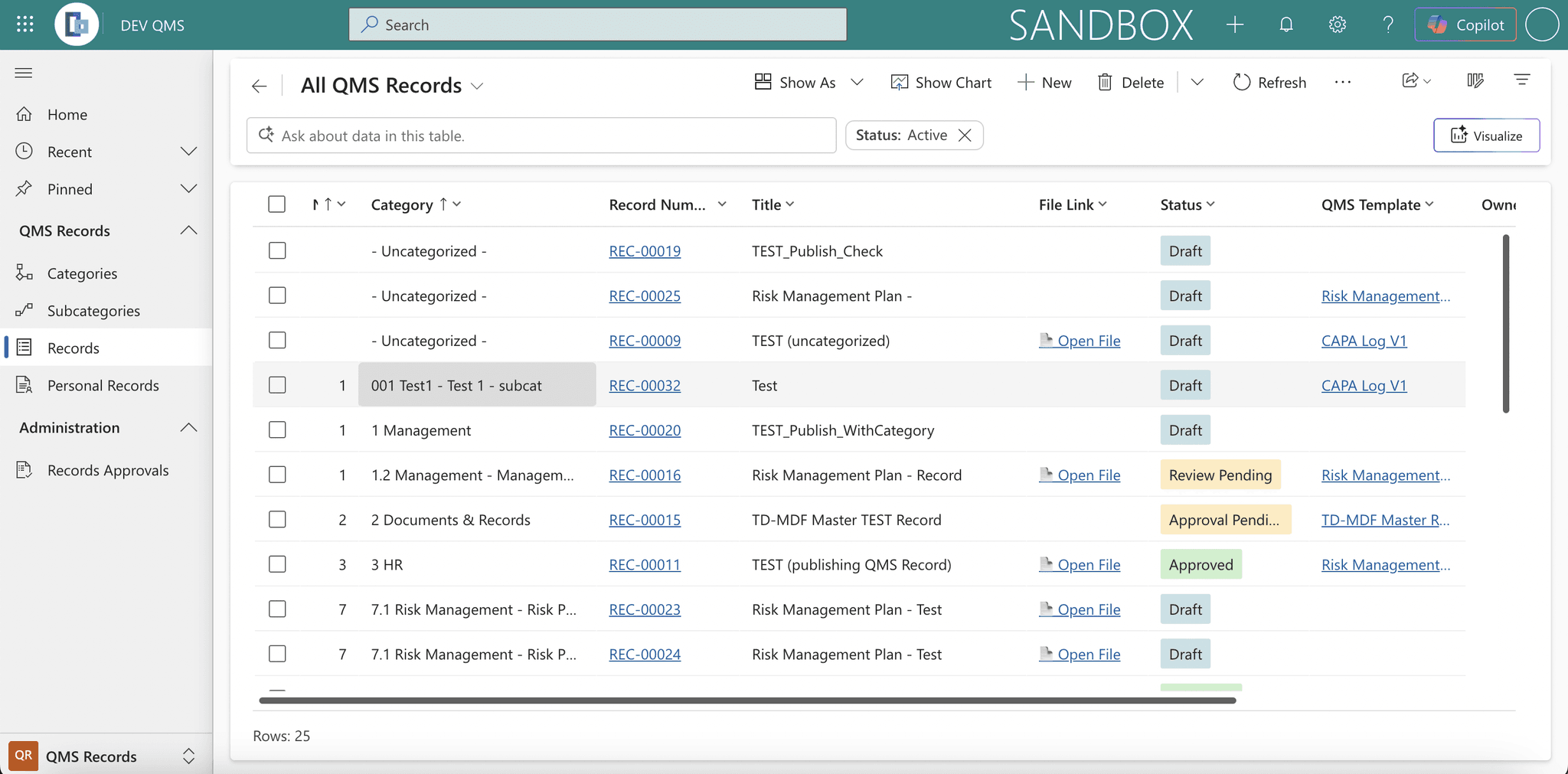 The All QMS Records list showing records with statuses such as Draft, Review Pending, Approval Pending, and Approved.