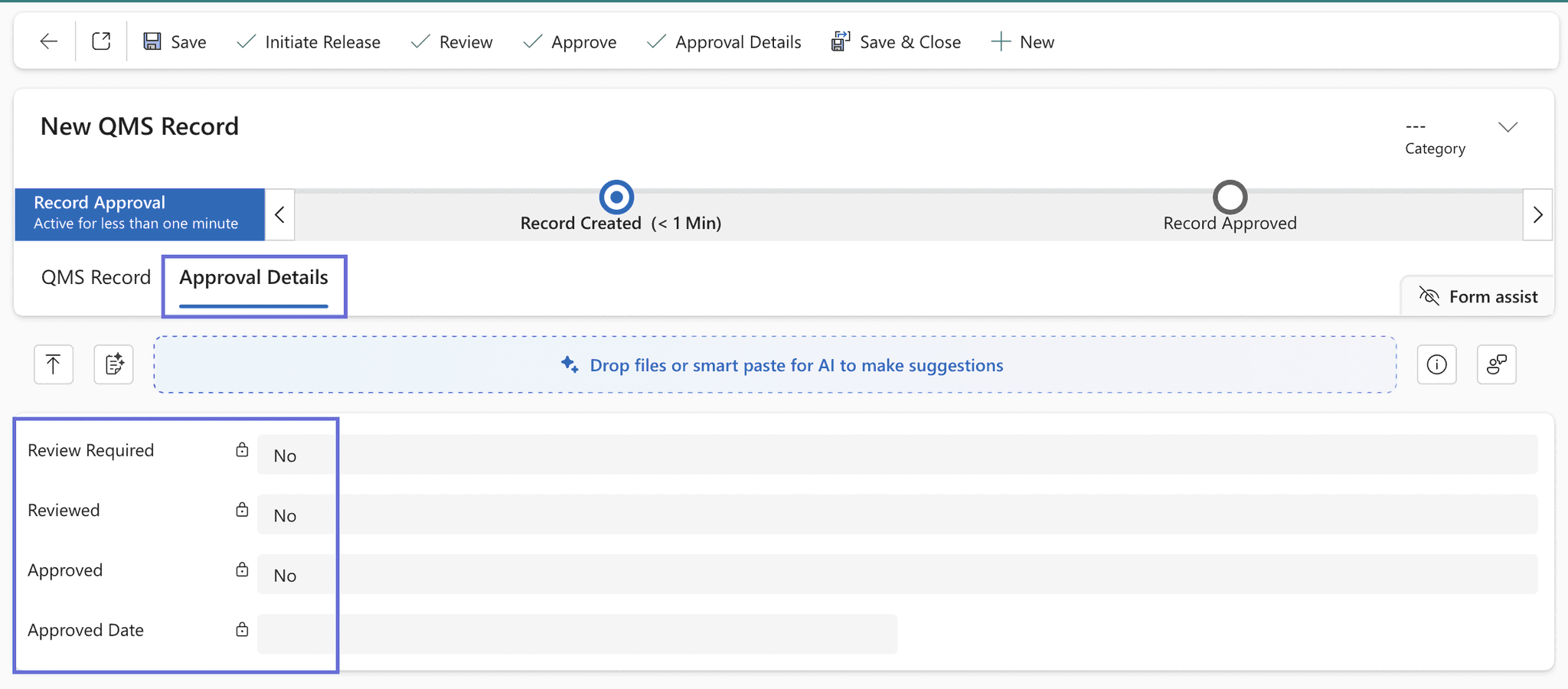 The Approval Details tab on a QMS Record, showing the Review Required, Reviewed, Approved, and Approved Date fields for its current approval state.