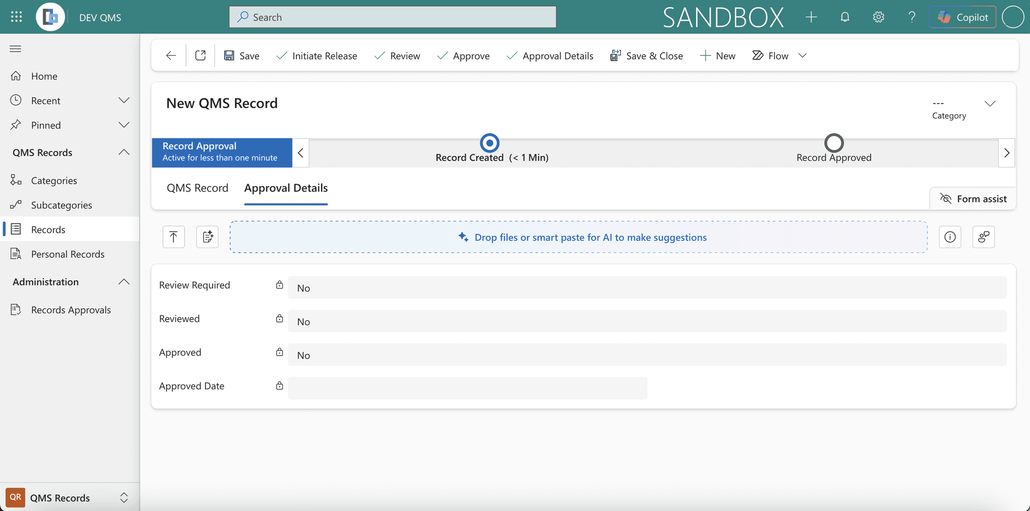 The Approval Details tab showing the Review Required, Reviewed, Approved, and Approved Date fields.
