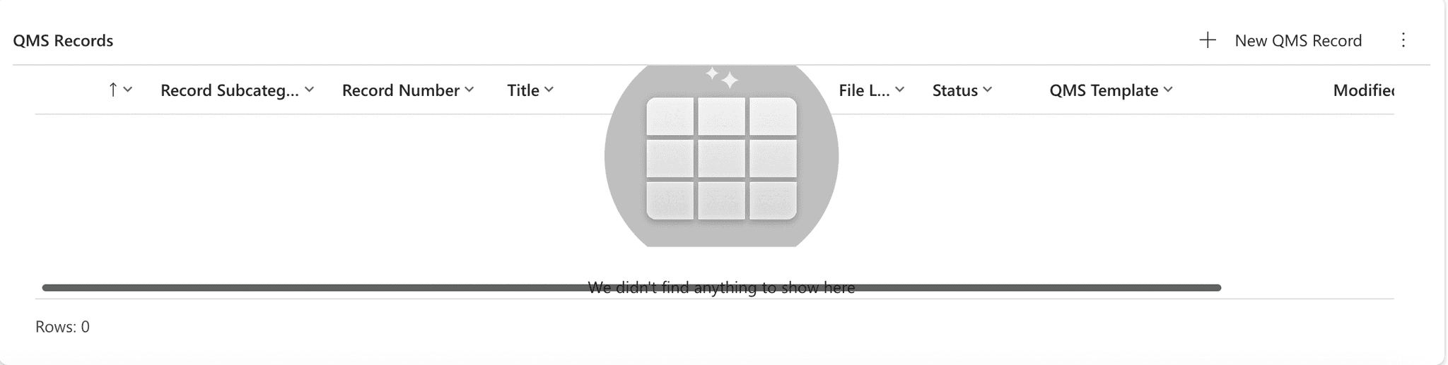 The QMS Records list with the New QMS Record button on the toolbar.