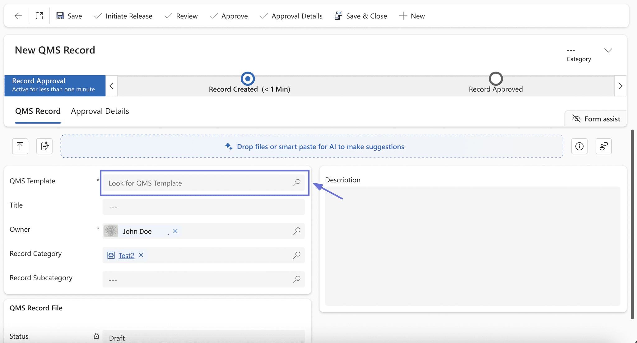 A blank New QMS Record form ready for the QMS Template, Title, Owner, Record Type, Record Category, and Record Subcategory details.