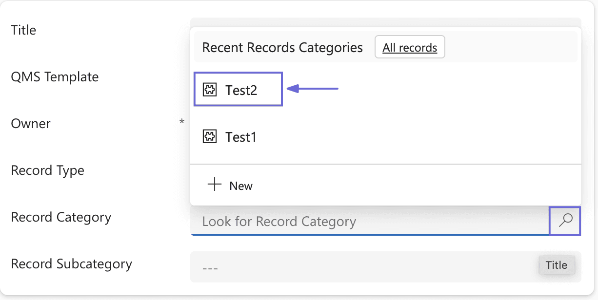 The Record Category lookup open on a New QMS Record form, showing the categories available for filing the selected record.
