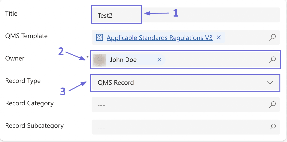 The New QMS Record form with the Title, QMS Template, Owner, and Record Type fields completed before the filing category and subcategory are selected.