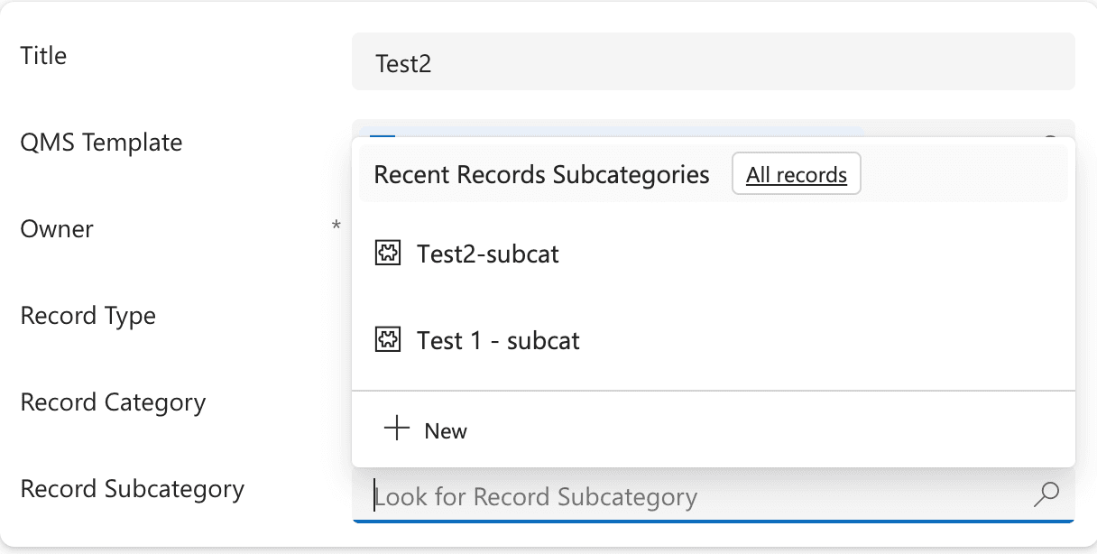 The Record Subcategory lookup open, available after a category has been selected.