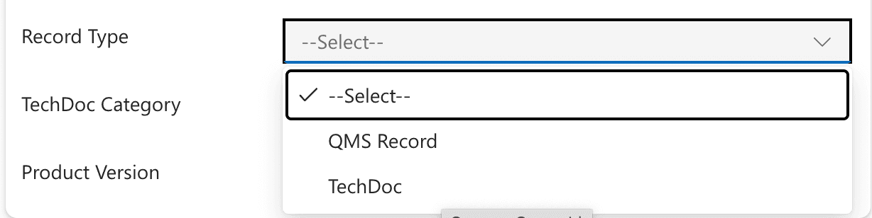 The Record Type dropdown showing the QMS Record and TechDoc options.