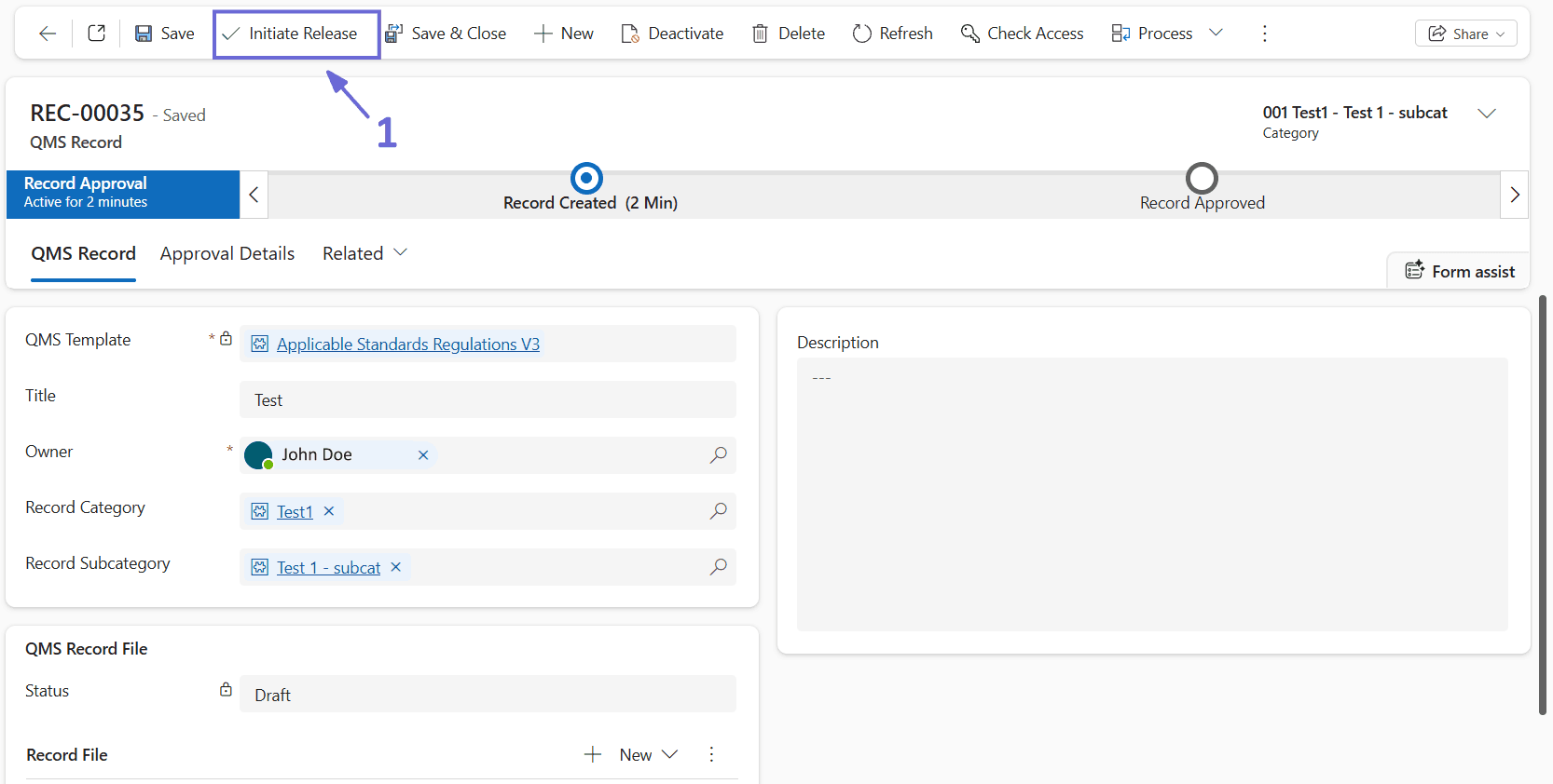 A QMS Record page showing the Initiate Release action used to open Record Release Details and start the controlled release process.