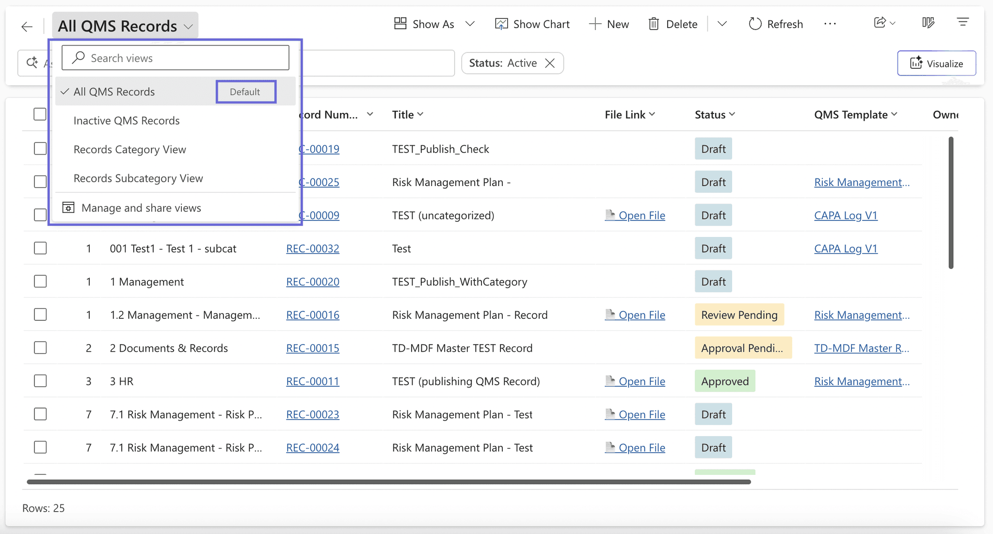 The records view selector open above the list, showing All QMS Records, Inactive QMS Records, Records Category View, and Records Subcategory View.