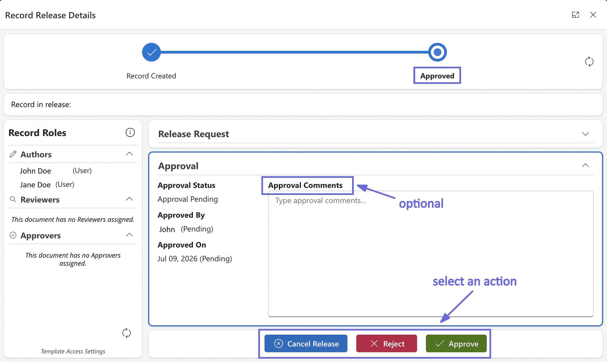 The approval step in Record Release Details, showing the Approve, Reject, and Cancel Release actions together with the optional Approval Comments field.
