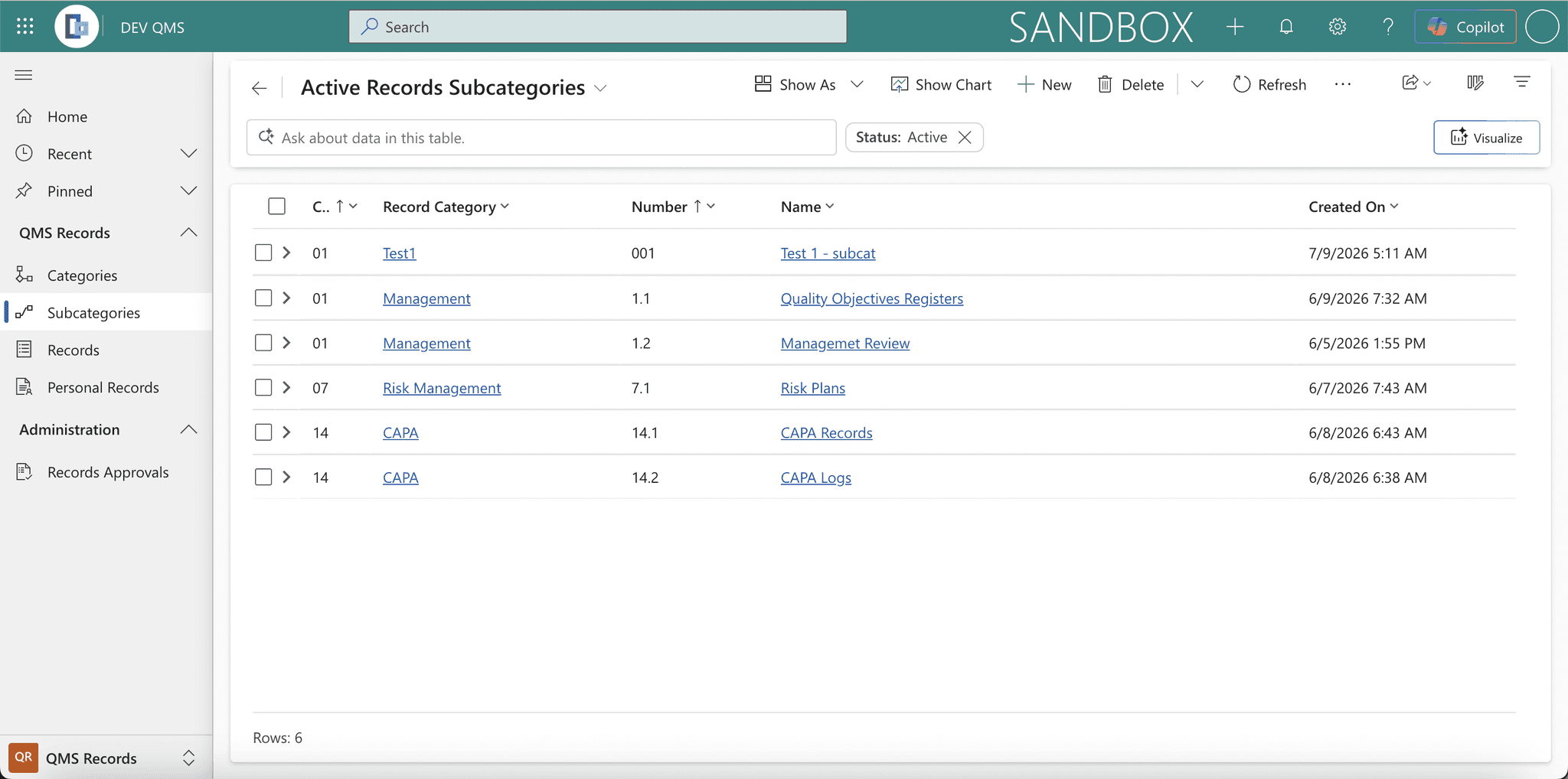The Active Records Subcategories list showing subcategories with their parent category, number, and name.