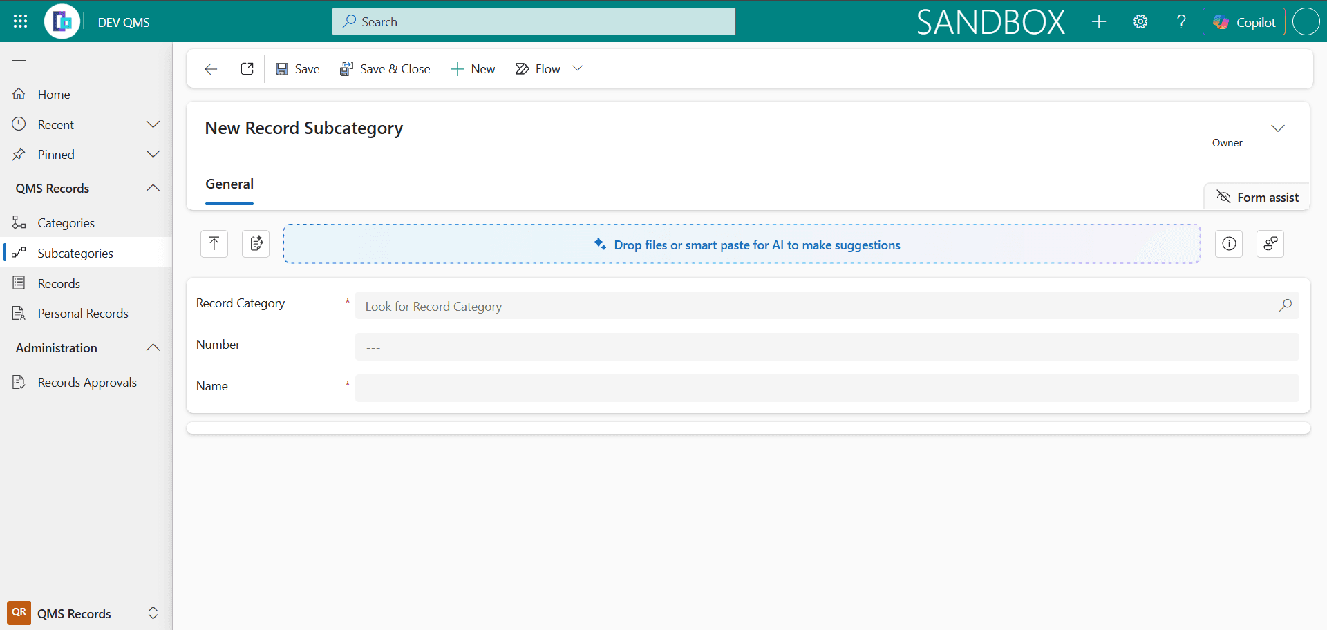 A blank New Record Subcategory form with empty fields.