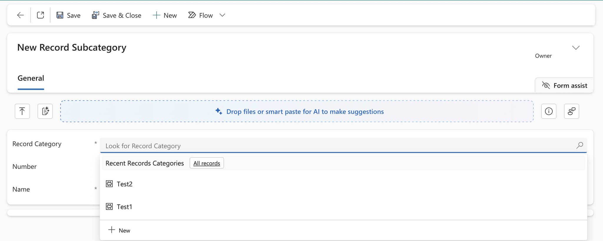 The parent Record Category lookup open on a subcategory form.