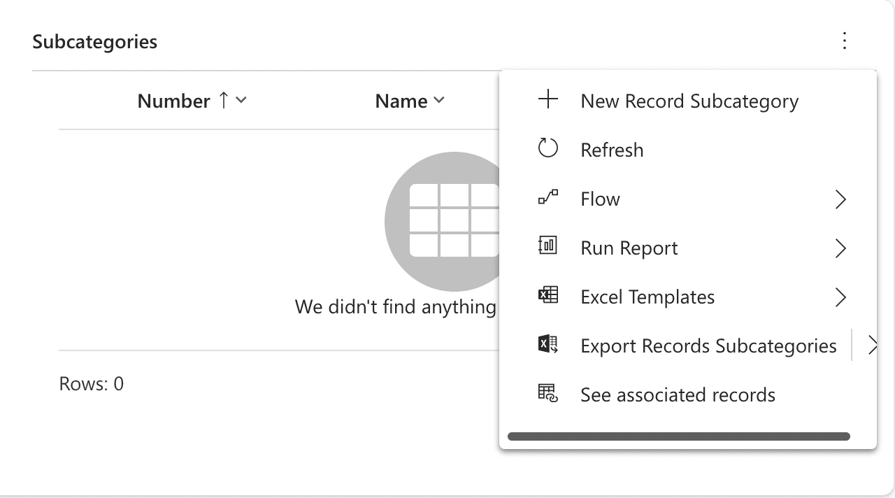 The command menu on the Subcategories list for adding a new record subcategory.