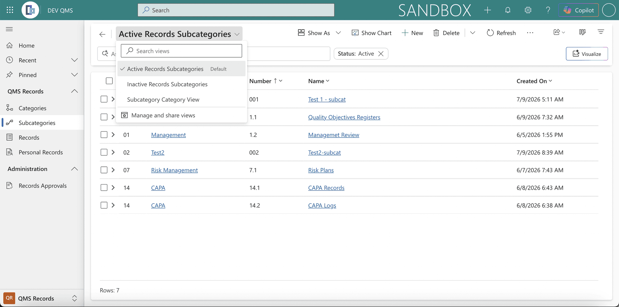 The subcategory view selector open, listing Active Records Subcategories, Inactive Records Subcategories, and Subcategory Category View.