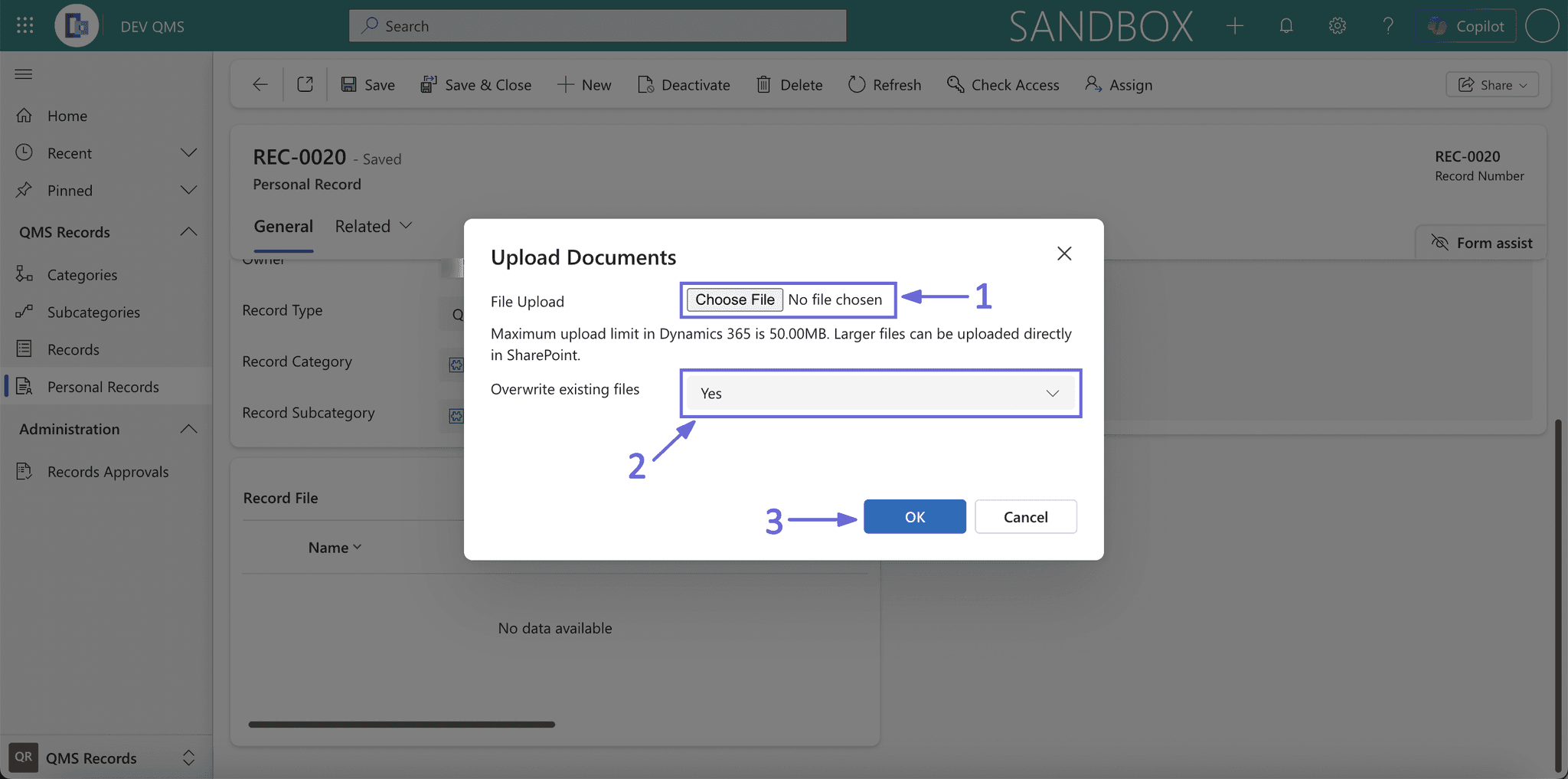 Dialog Upload Documents s ovládacím prvkem Choose File a možností Overwrite existing files.