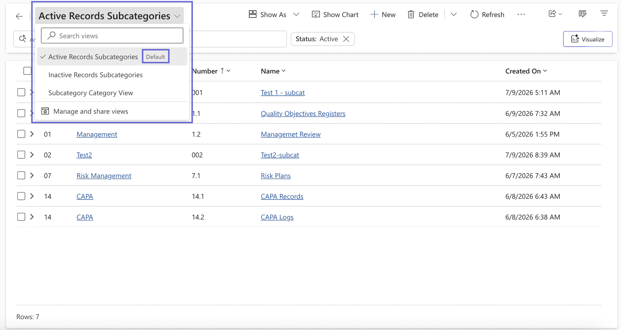 Otevřený přepínač zobrazení podkategorií s Active Records Subcategories, Inactive Records Subcategories a Subcategory Category View.