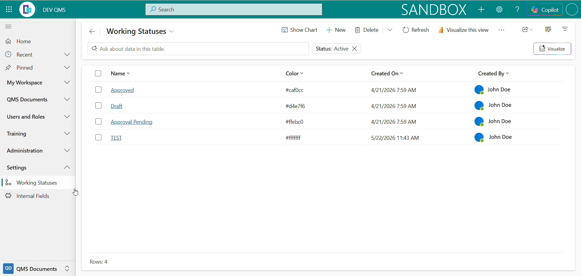 The Working Statuses list showing each user defined status with its Status Name and Color.