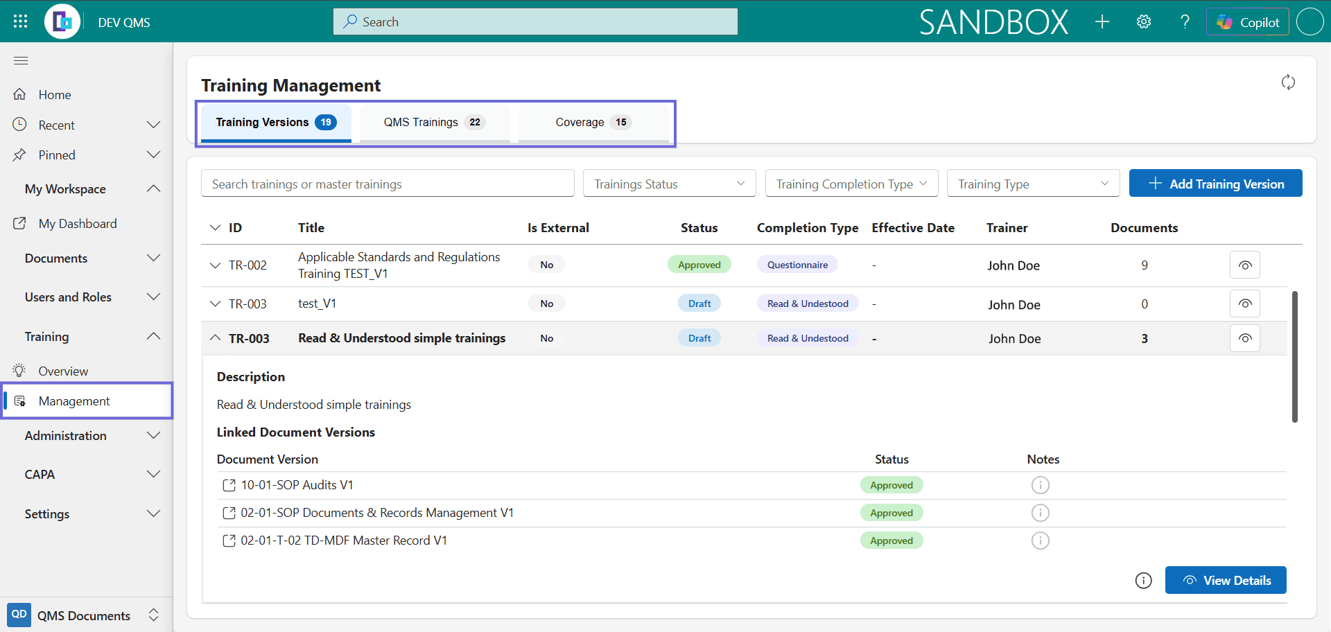 The Training Management page showing the Training Versions, QMS Trainings, and Coverage Gaps tabs.