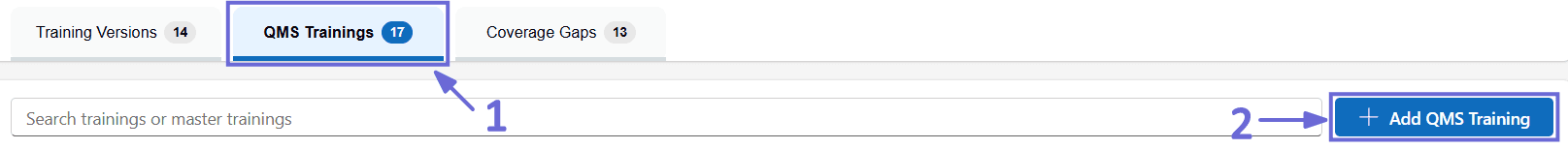 The QMS Trainings tab header, showing the search box and the Add QMS Training button.
