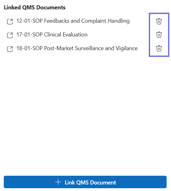 The Linked QMS Documents panel populated with three linked SOP documents, each with a remove icon.