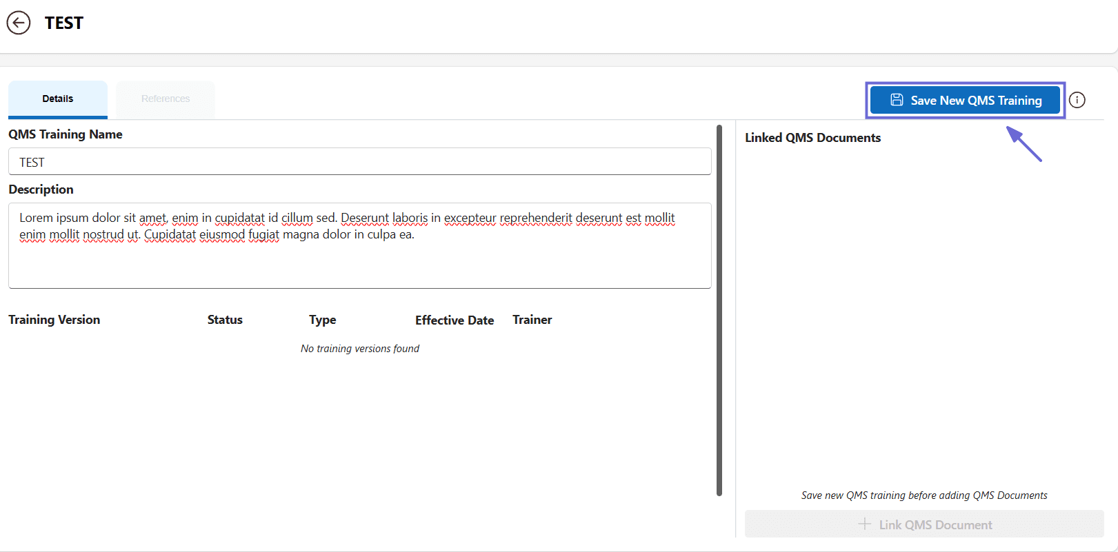 The New QMS Training form with the Save New QMS Training button in the top right.