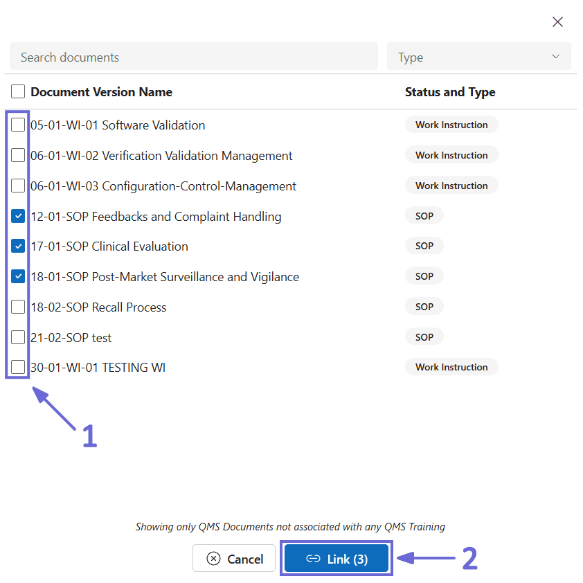 The Link QMS Document picker, listing document versions with checkboxes and their status and type, noting that only documents not associated with any QMS Training are shown, with Cancel and Link buttons.