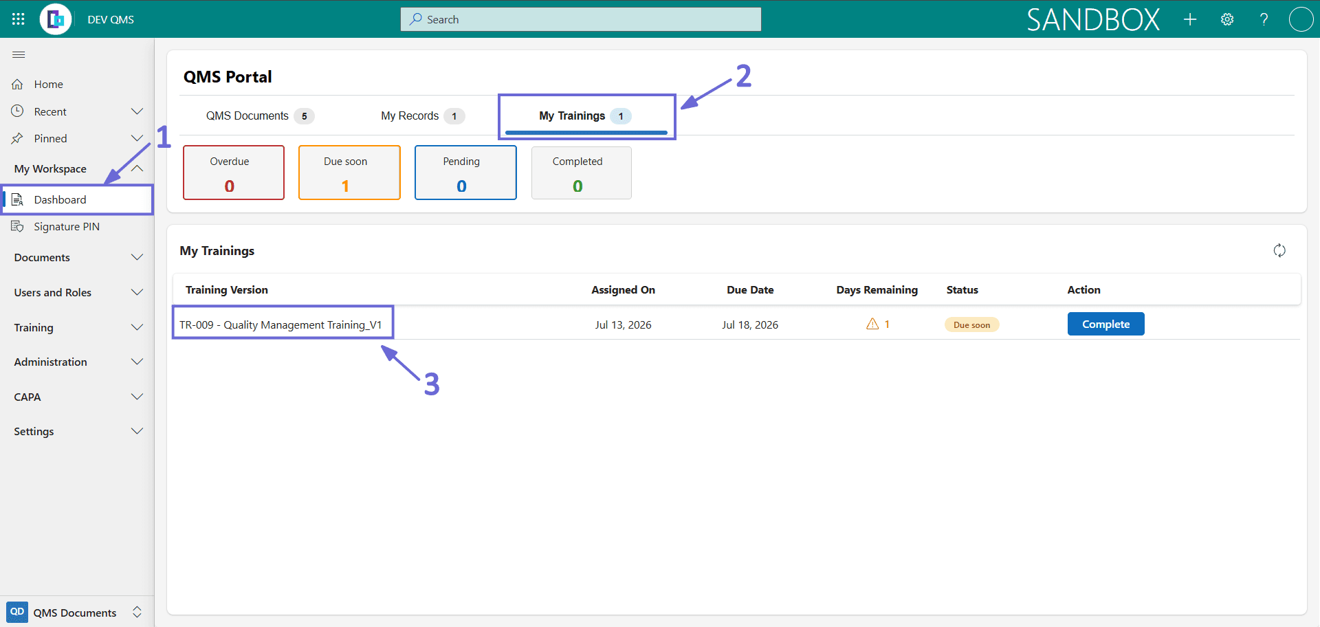 The My Trainings list on the Dashboard, summarised by the Overdue, Due soon, Pending and Completed cards, with each training showing its prefix, document version, category, type, assigned and due dates, days remaining and status, alongside Complete and Open File actions.