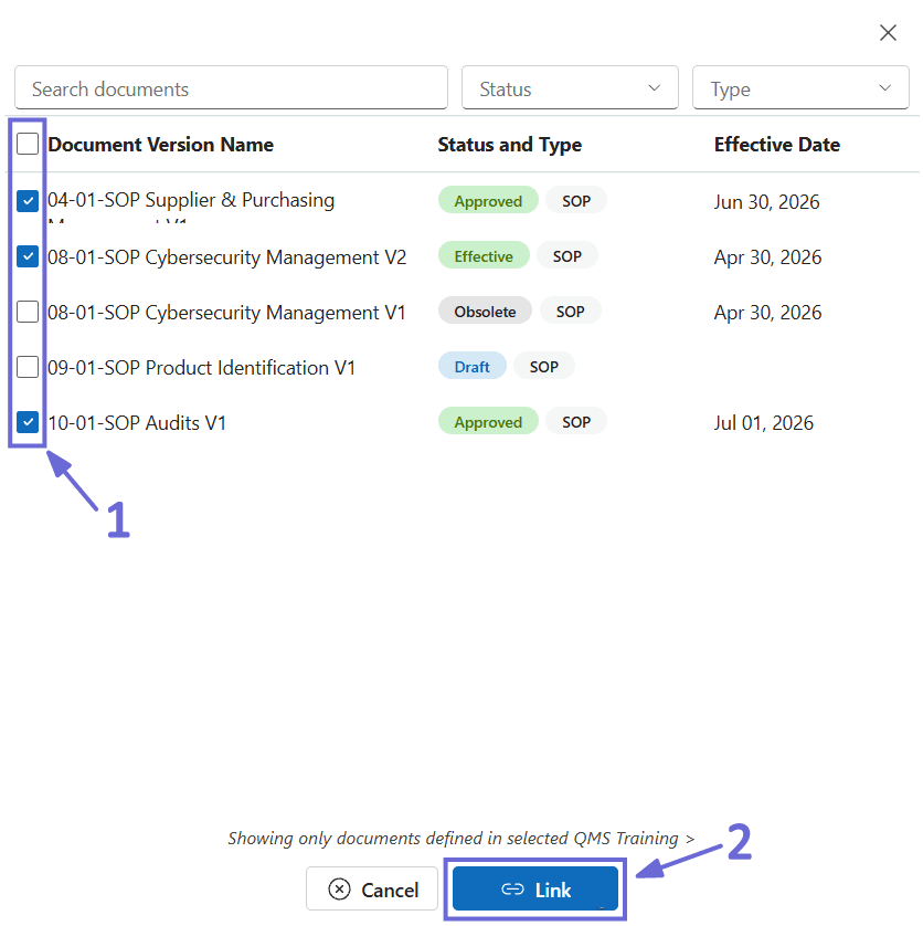 The Link Document Version picker, listing document versions with checkboxes, status and type, and effective date, noting that only documents defined in the selected QMS Training are shown, with Cancel and Link buttons.