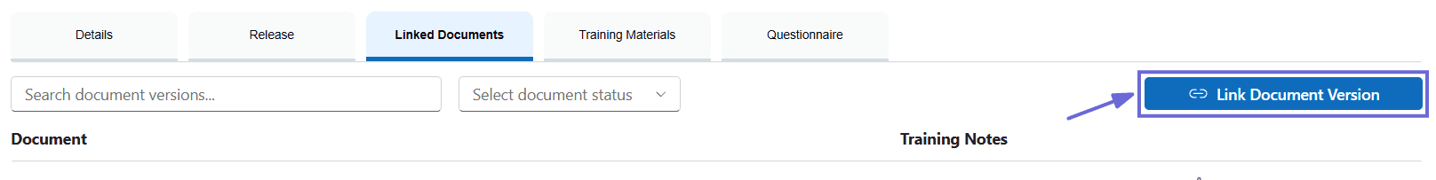 The Linked Documents tab of a training version, empty, with a document-version search box, a status filter, and a Link Document Version button.