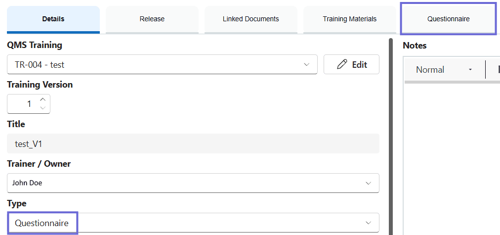 A training version's Details tab with Type set to Questionnaire, showing the Questionnaire tab available.