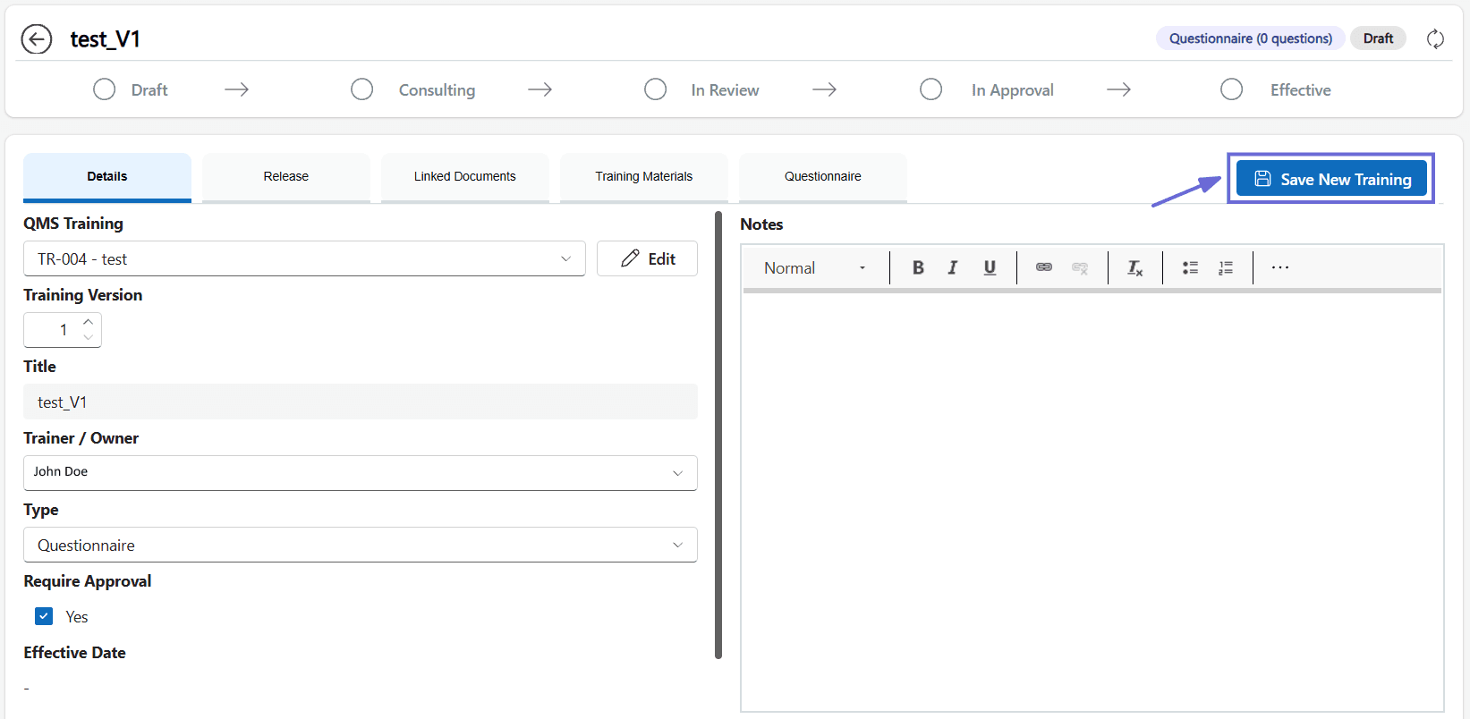 The New Training form with the Save New Training button in the top right.