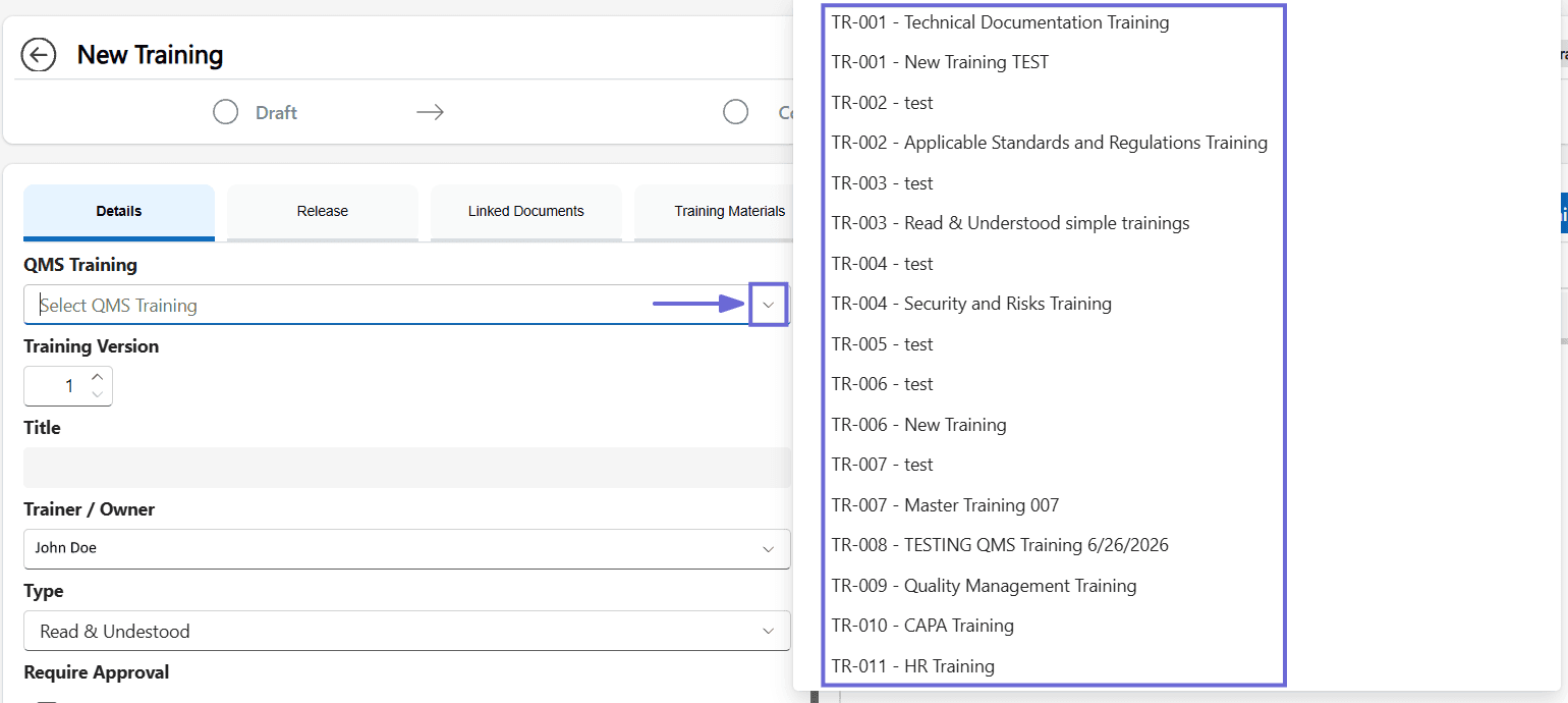 The New Training form with the QMS Training lookup open, listing the master trainings a version can be created under.