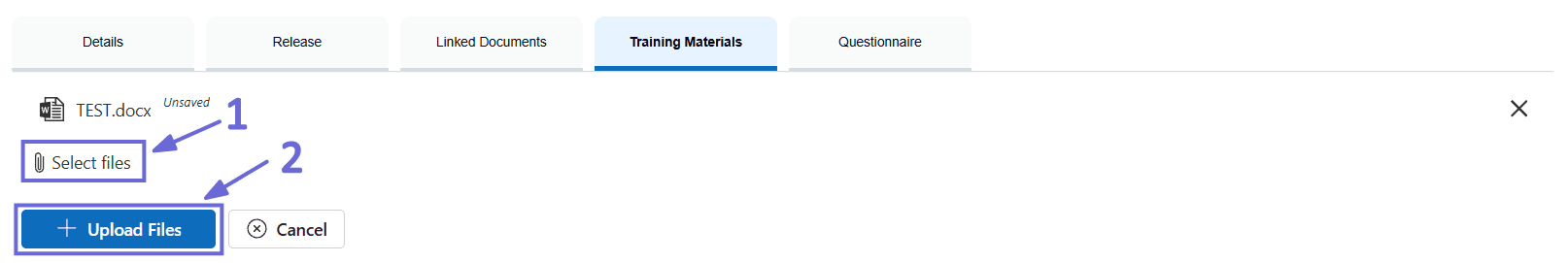 The Training Materials tab mid-upload, showing a selected file marked Unsaved, a Select files control, and Upload Files and Cancel buttons.