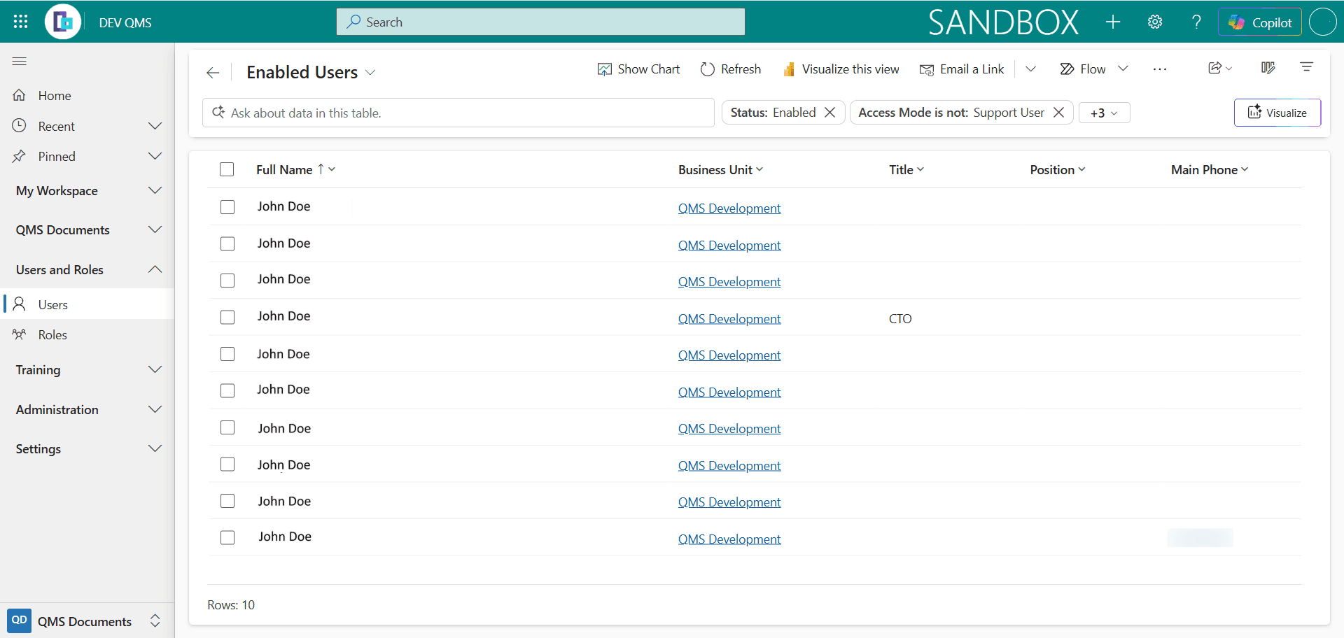 The Enabled Users list, showing each person's Full Name, Business Unit, Title, Position, and Main Phone, within the Users and Roles area.
