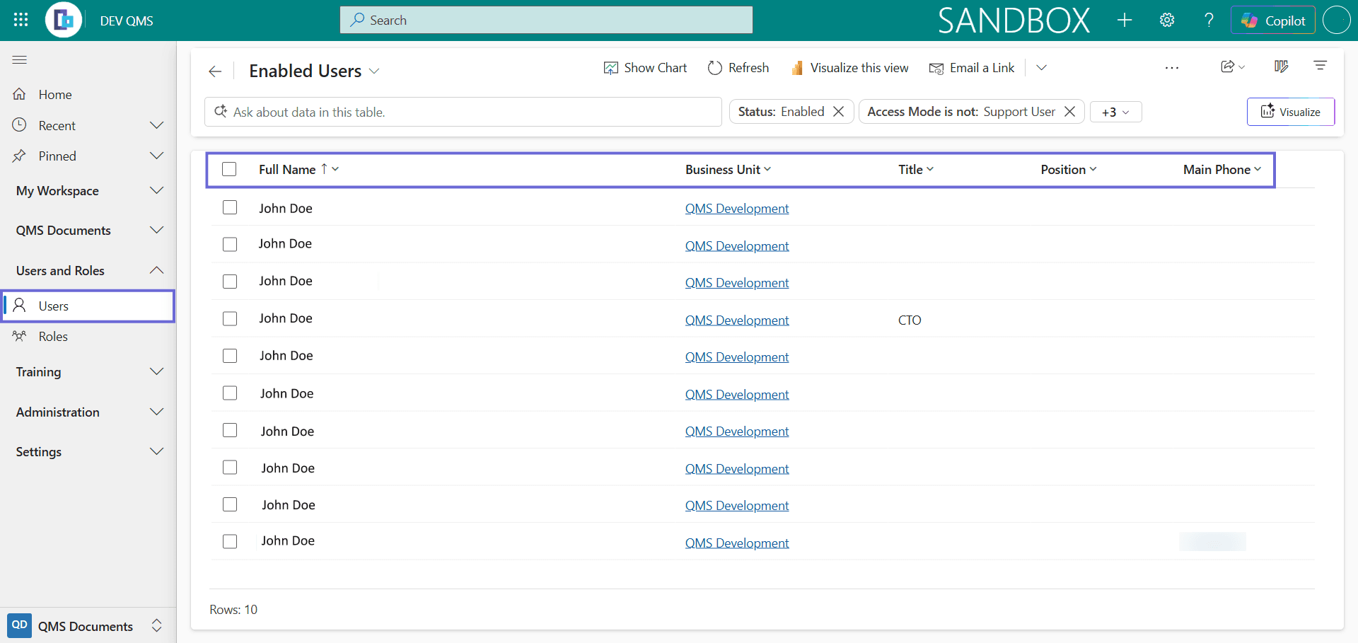 The Enabled Users list, showing each person's Full Name, Business Unit, Title, Position, and Main Phone, within the Users and Roles area.