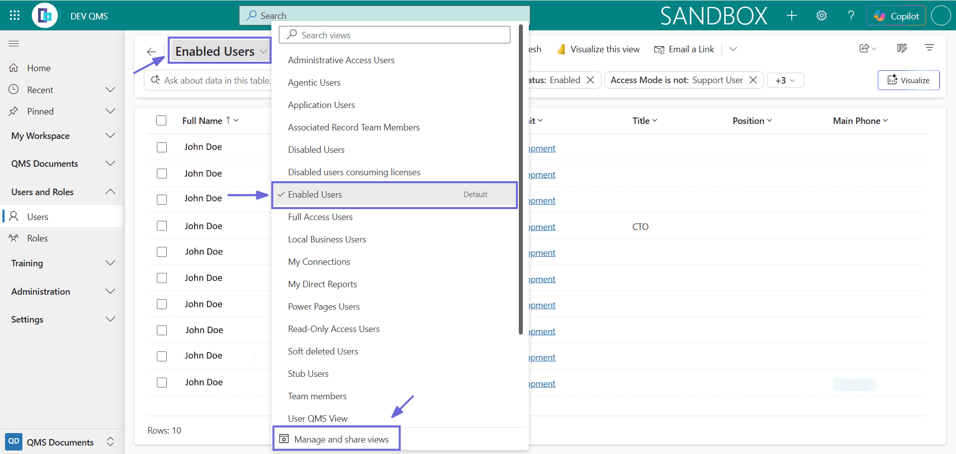 The Users list view selector open, listing the available views (with Enabled Users as the default), a Search views box, and a Manage and share views option.
